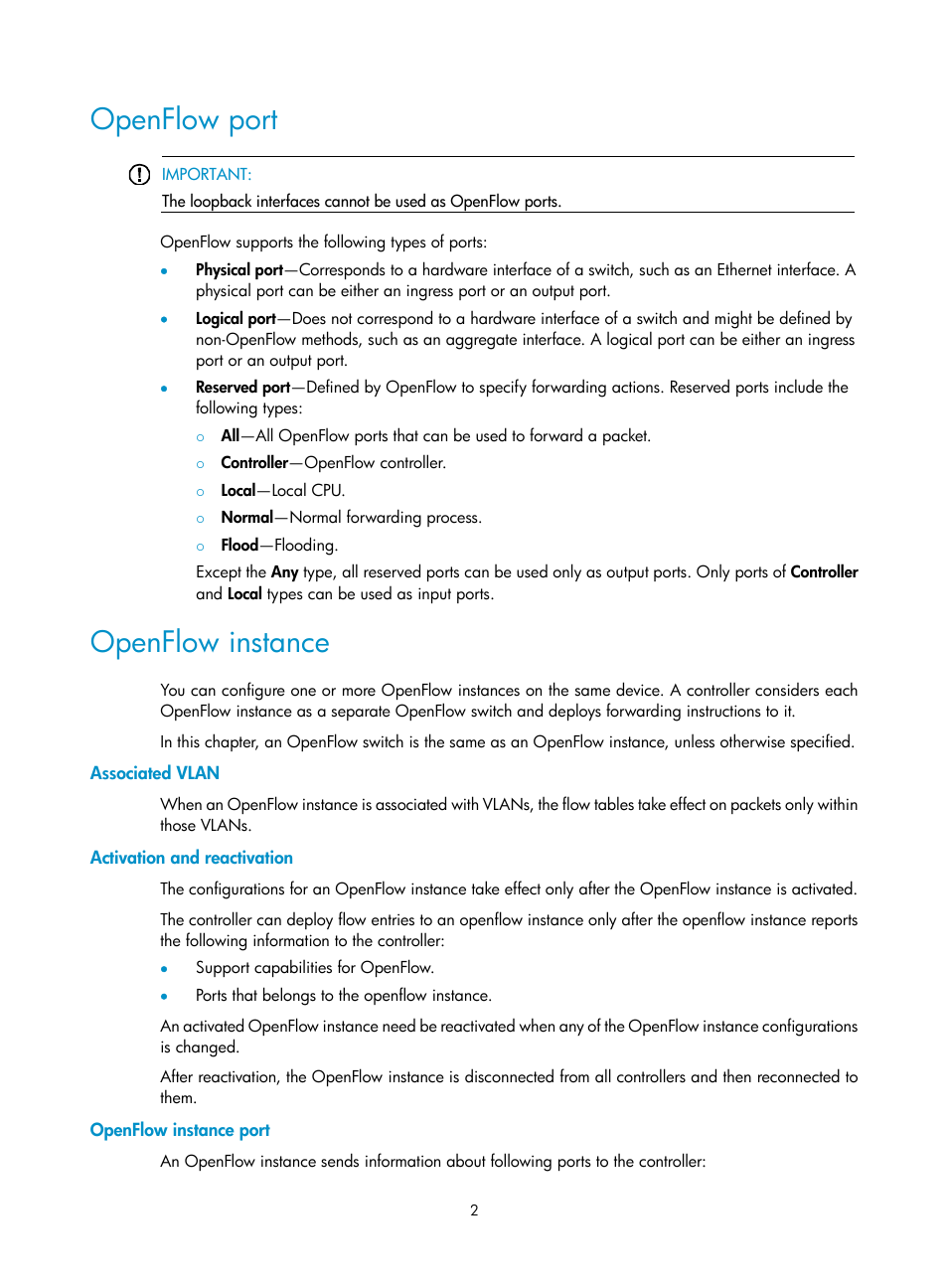 Openflow port, Openflow instance, Associated vlan | Activation and reactivation, Openflow instance port | H3C Technologies H3C S6800 Series Switches User Manual | Page 10 / 37