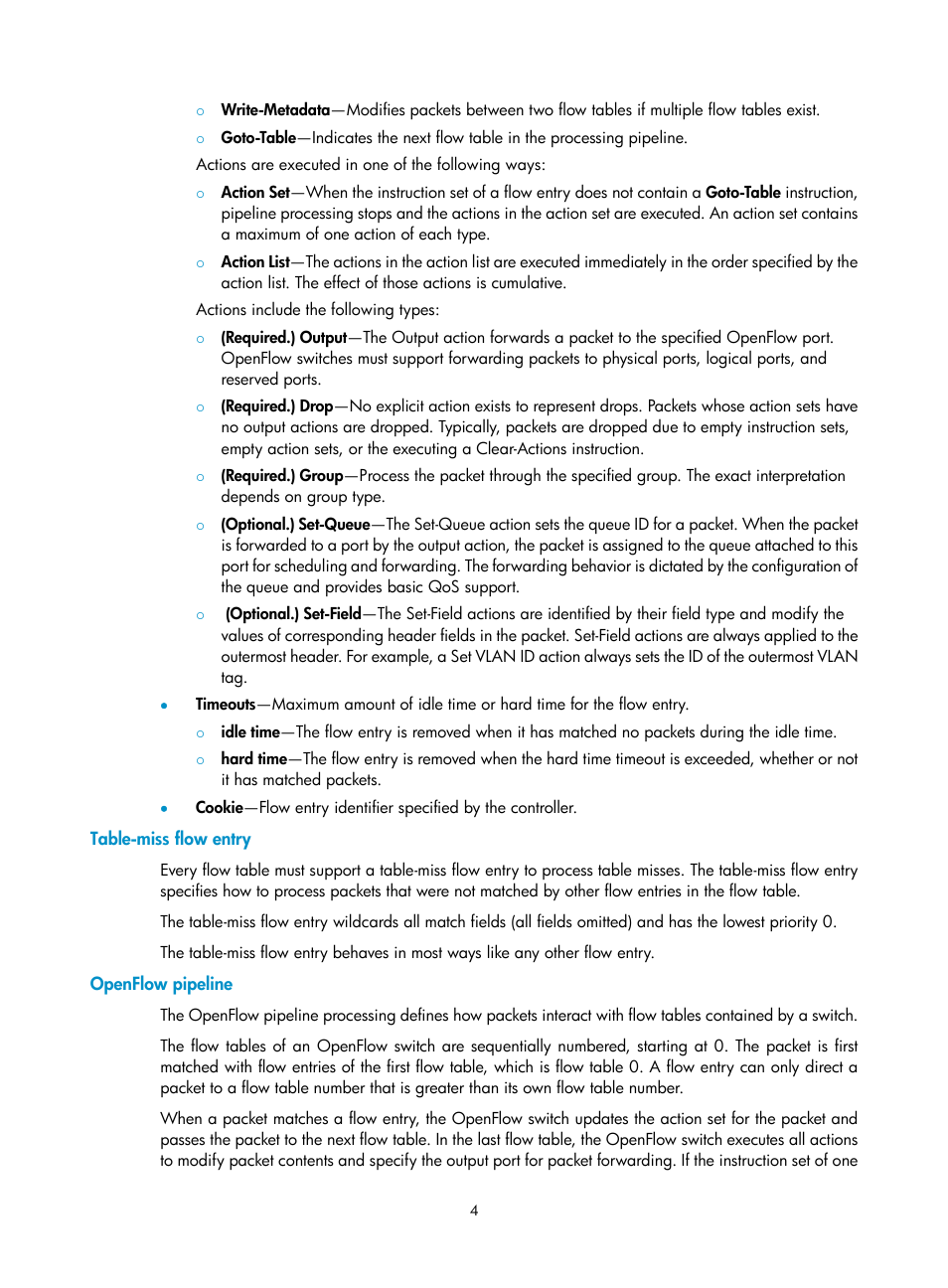 Table-miss flow entry, Openflow pipeline | H3C Technologies H3C S6800 Series Switches User Manual | Page 12 / 37