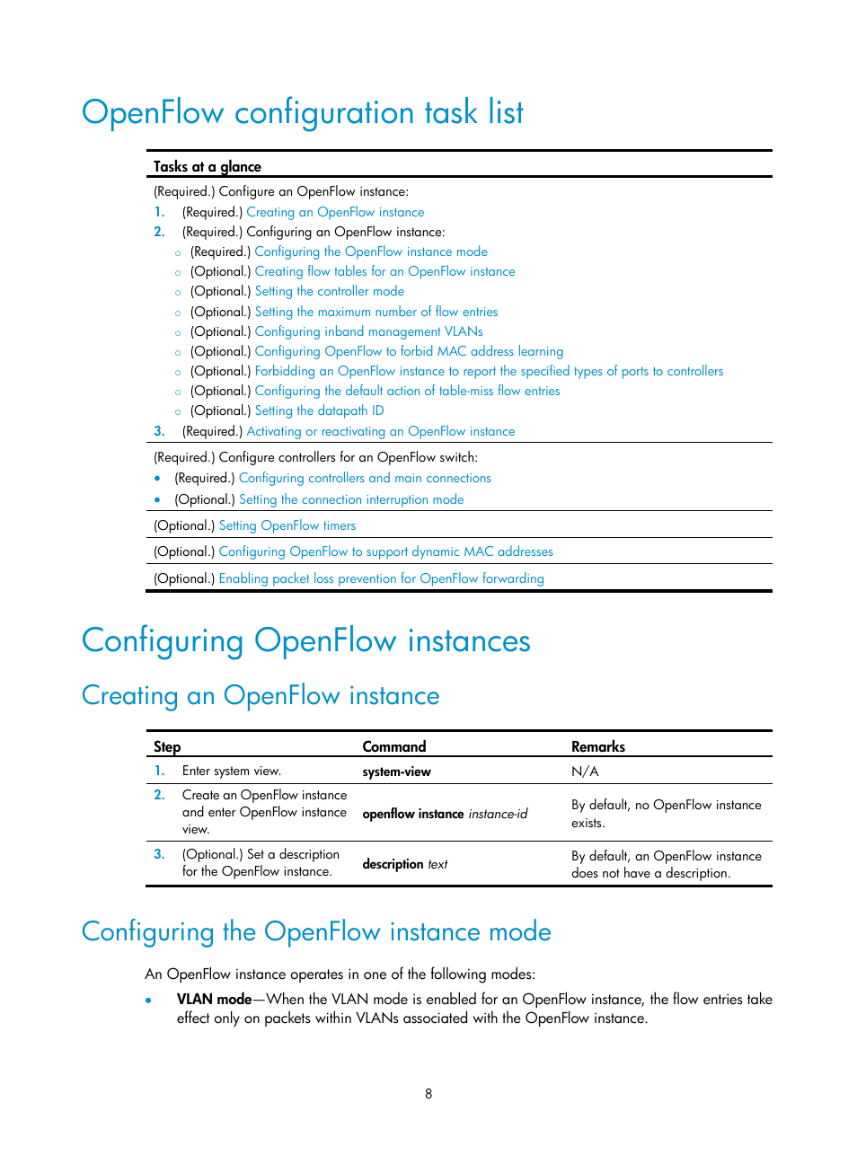 Openflow configuration task list, Configuring openflow instances, Creating an openflow instance | Configuring the openflow instance mode | H3C Technologies H3C S6800 Series Switches User Manual | Page 16 / 37