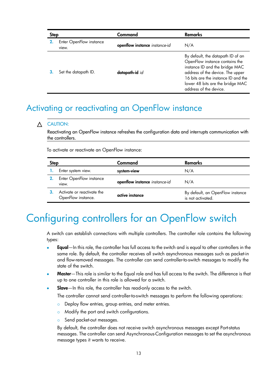 Activating or reactivating an openflow instance, Configuring controllers for an openflow switch | H3C Technologies H3C S6800 Series Switches User Manual | Page 21 / 37