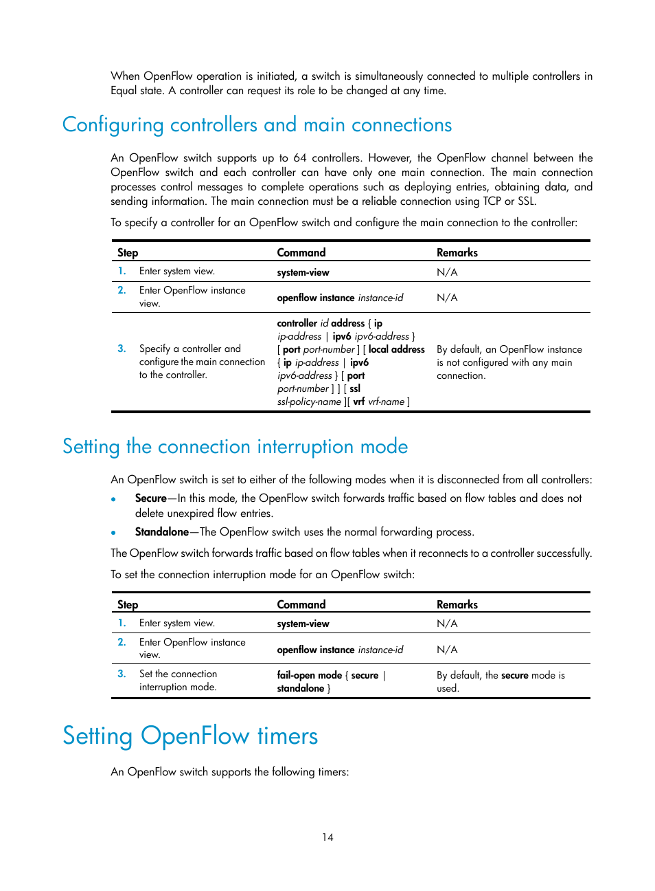 Configuring controllers and main connections, Setting the connection interruption mode, Setting openflow timers | H3C Technologies H3C S6800 Series Switches User Manual | Page 22 / 37