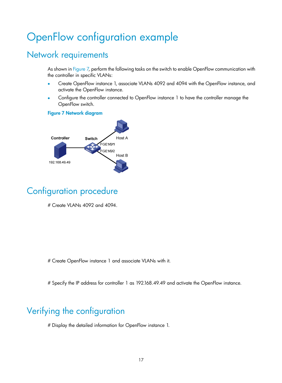 Openflow configuration example, Network requirements, Configuration procedure | Verifying the configuration | H3C Technologies H3C S6800 Series Switches User Manual | Page 25 / 37