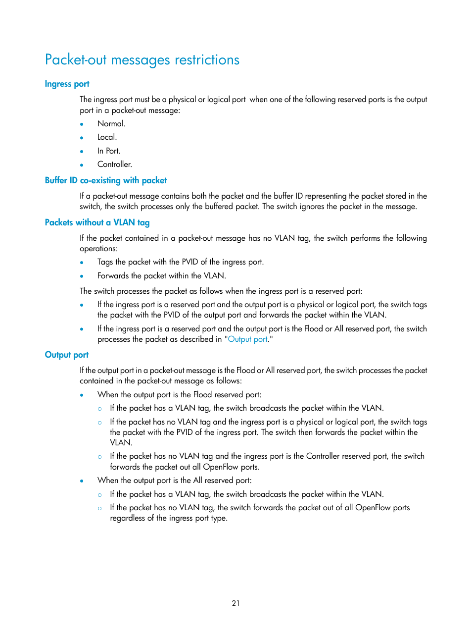 Packet-out messages restrictions, Ingress port, Buffer id co-existing with packet | Packets without a vlan tag, Output port | H3C Technologies H3C S6800 Series Switches User Manual | Page 29 / 37