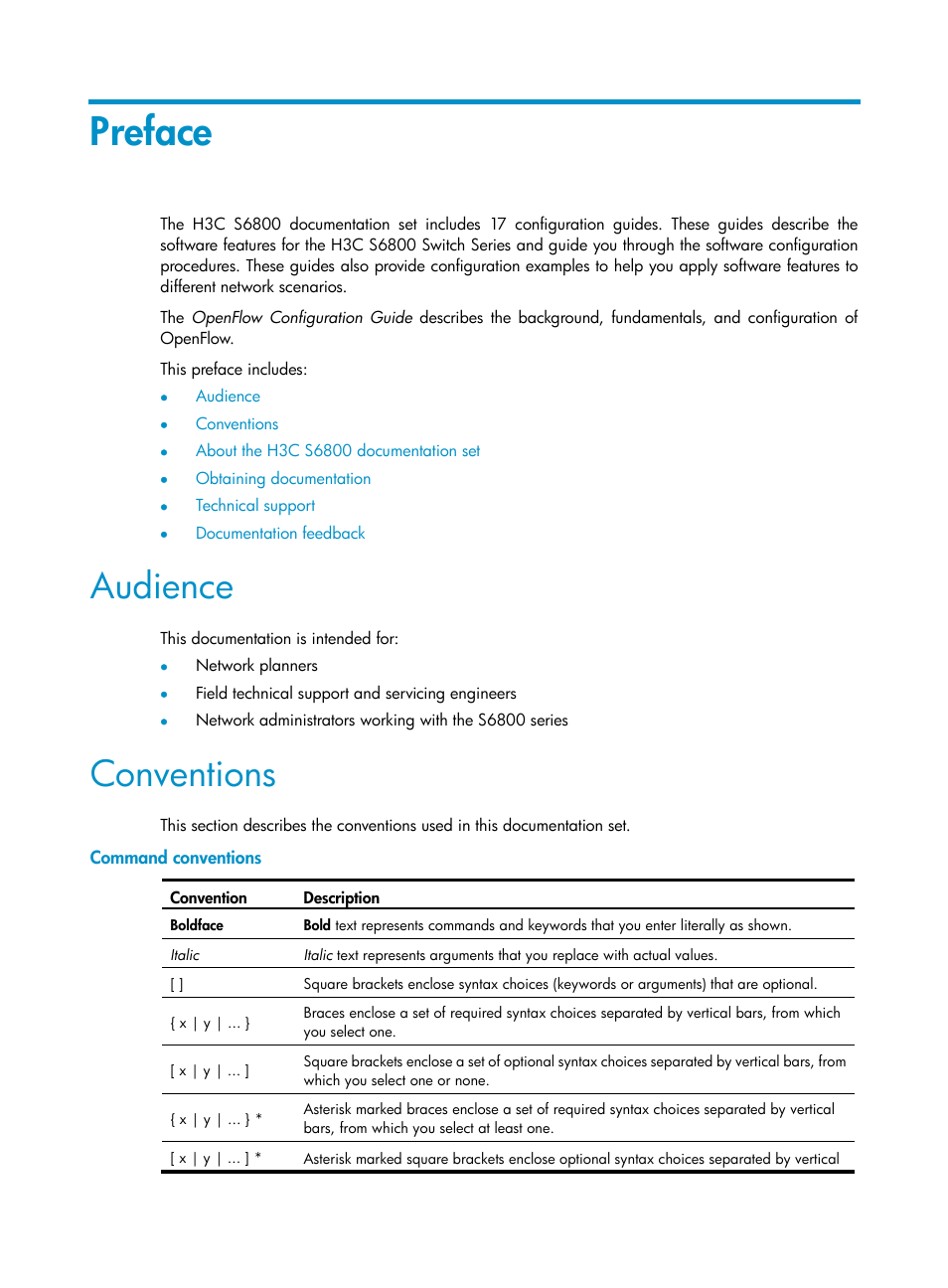 Preface, Audience, Conventions | Command conventions | H3C Technologies H3C S6800 Series Switches User Manual | Page 3 / 37