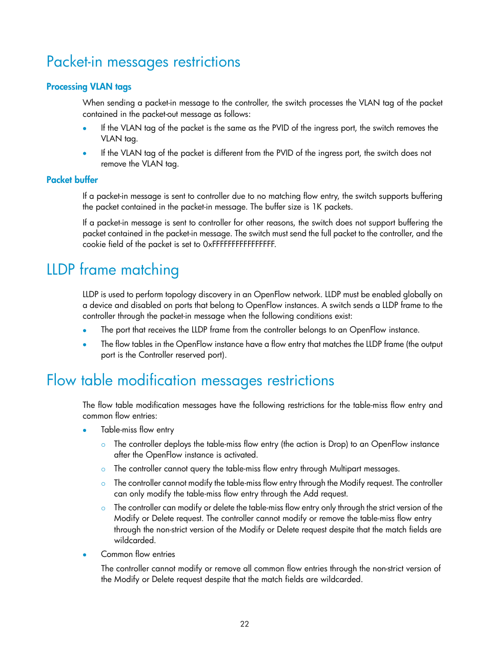 Packet-in messages restrictions, Processing vlan tags, Packet buffer | Lldp frame matching, Flow table modification messages restrictions | H3C Technologies H3C S6800 Series Switches User Manual | Page 30 / 37