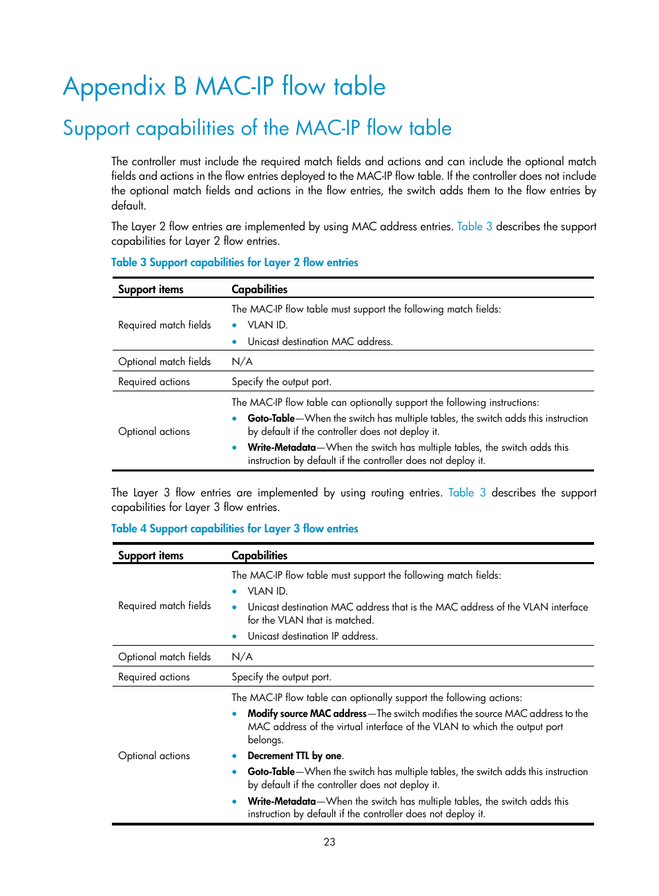 Appendix b mac-ip flow table, Support capabilities of the mac-ip flow table | H3C Technologies H3C S6800 Series Switches User Manual | Page 31 / 37