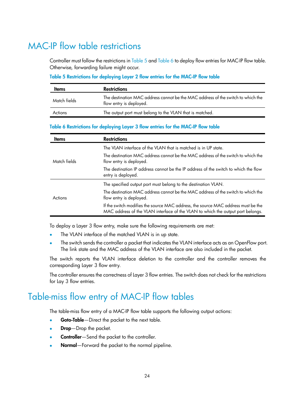 Mac-ip flow table restrictions, Table-miss flow entry of mac-ip flow tables | H3C Technologies H3C S6800 Series Switches User Manual | Page 32 / 37