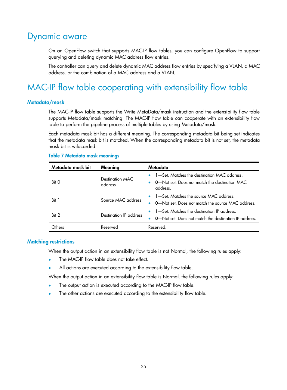 Dynamic aware, Metadata/mask, Matching restrictions | H3C Technologies H3C S6800 Series Switches User Manual | Page 33 / 37