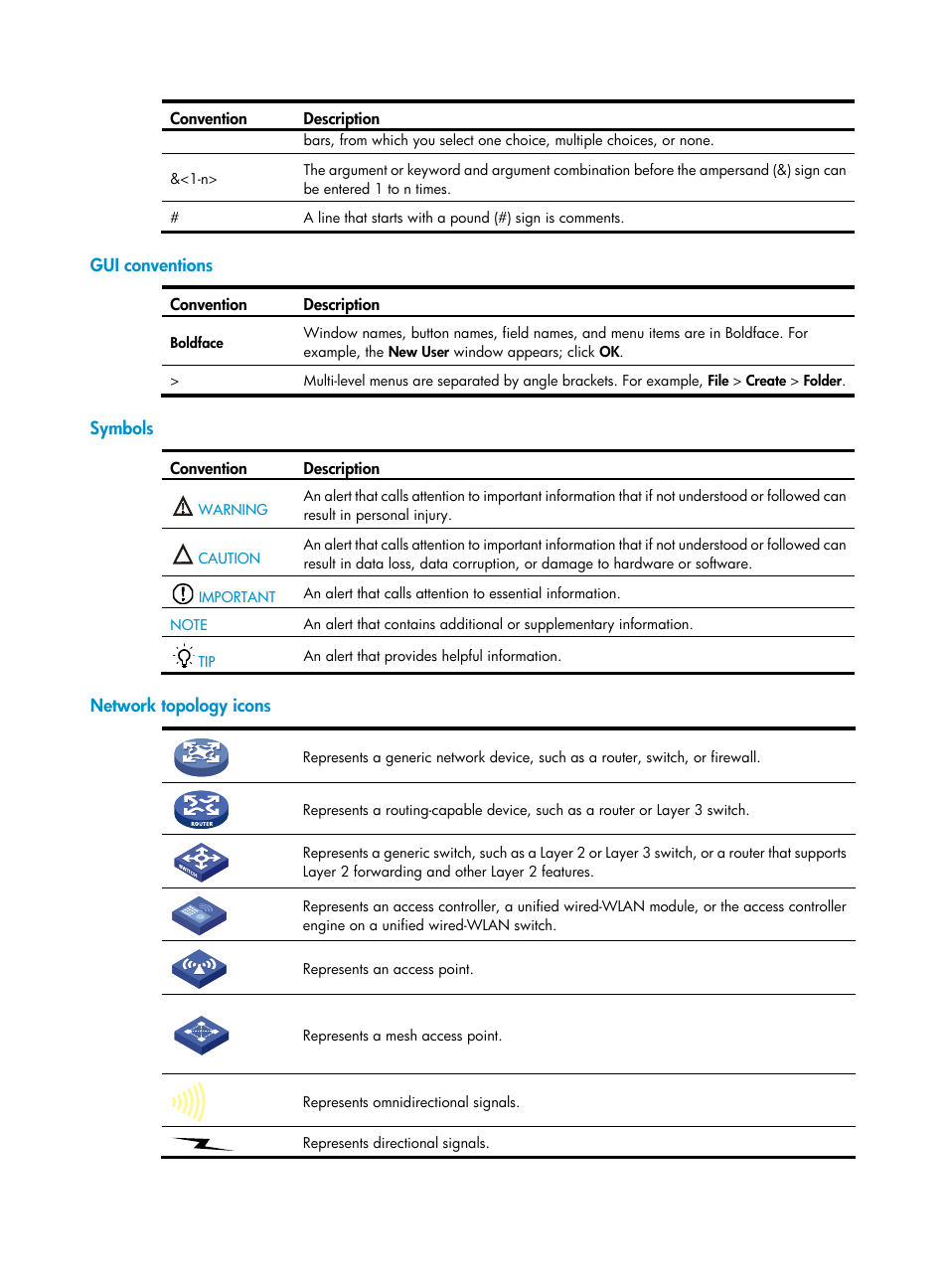 Gui conventions, Symbols, Network topology icons | H3C Technologies H3C S6800 Series Switches User Manual | Page 4 / 37