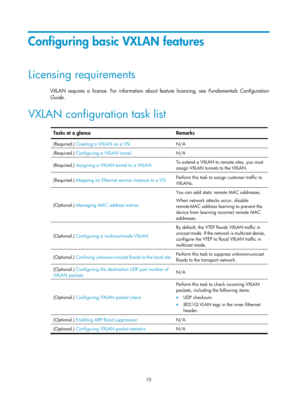 Configuring basic vxlan features, Licensing requirements, Vxlan configuration task list | H3C Technologies H3C S6800 Series Switches User Manual | Page 18 / 85