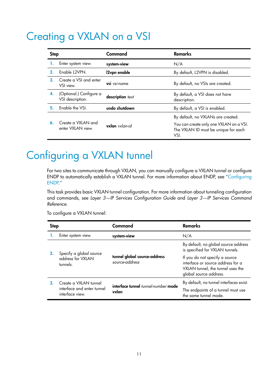 Creating a vxlan on a vsi, Configuring a vxlan tunnel, Required.) | H3C Technologies H3C S6800 Series Switches User Manual | Page 19 / 85