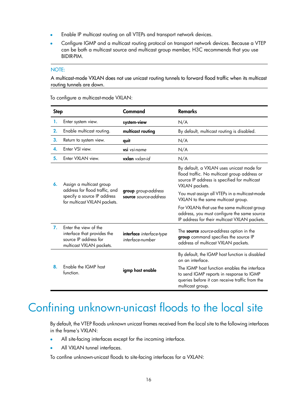 Confining unknown-unicast floods to the local site, Optional.) | H3C Technologies H3C S6800 Series Switches User Manual | Page 24 / 85