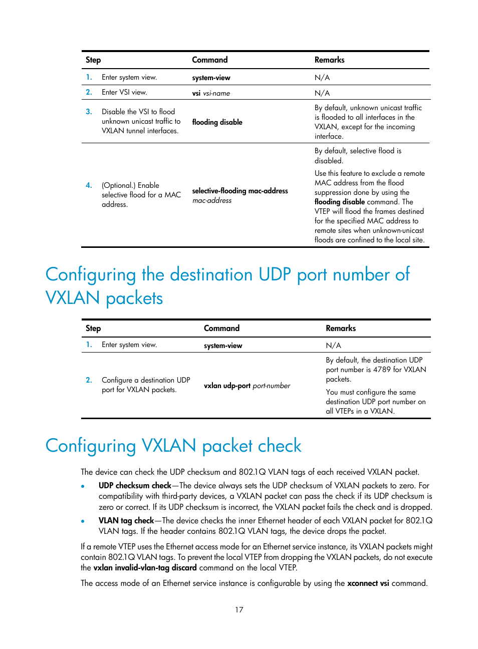Configuring vxlan packet check, Configuring the destination udp port number of, Vxlan packets | H3C Technologies H3C S6800 Series Switches User Manual | Page 25 / 85