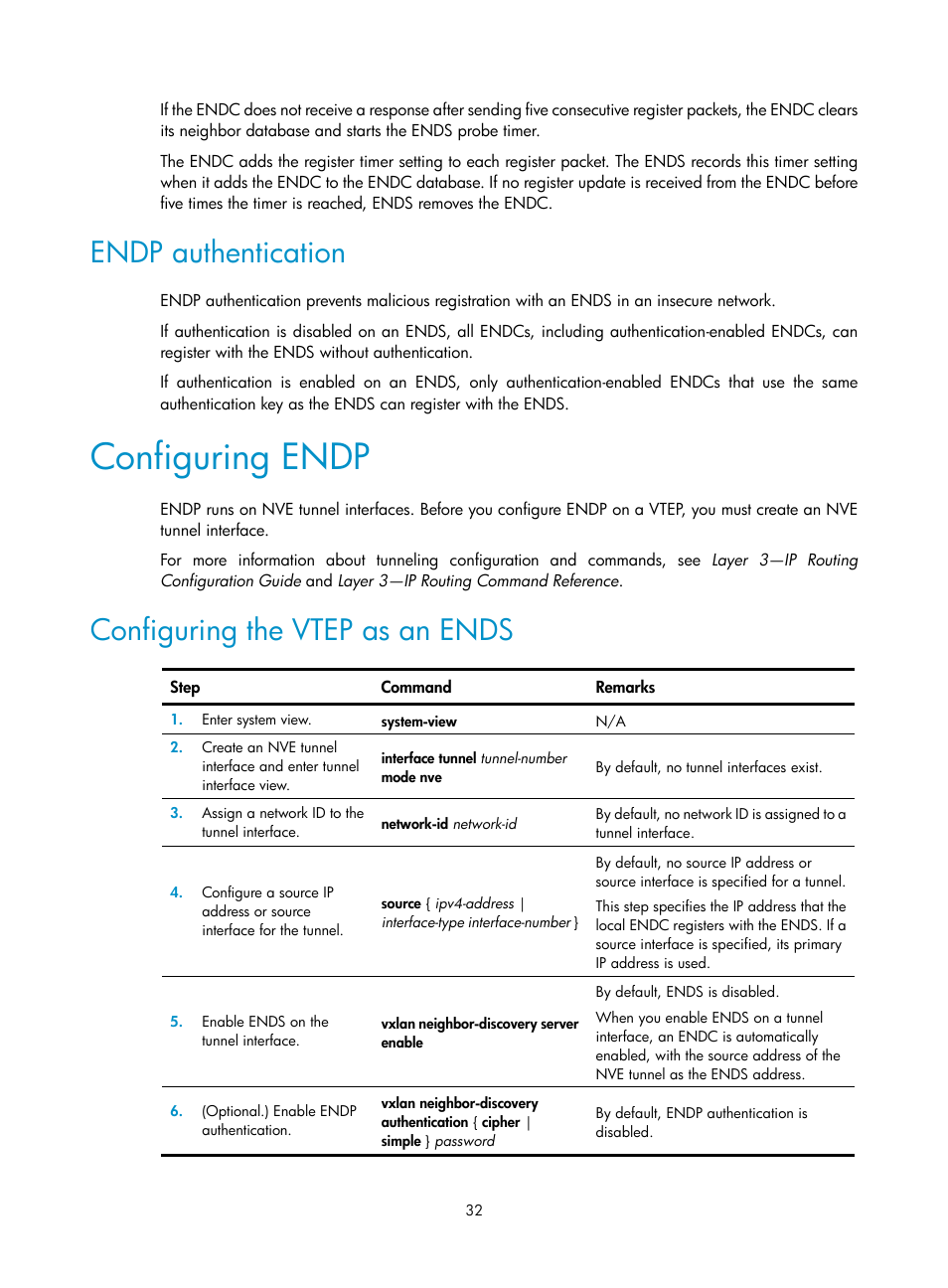 Endp authentication, Configuring endp, Configuring the vtep as an ends | H3C Technologies H3C S6800 Series Switches User Manual | Page 40 / 85