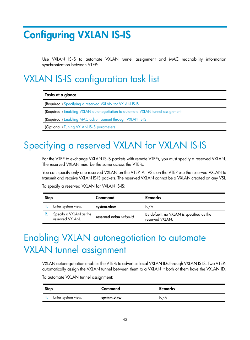 Configuring vxlan is-is, Vxlan is-is configuration task list, Specifying a reserved vxlan for vxlan is-is | H3C Technologies H3C S6800 Series Switches User Manual | Page 51 / 85