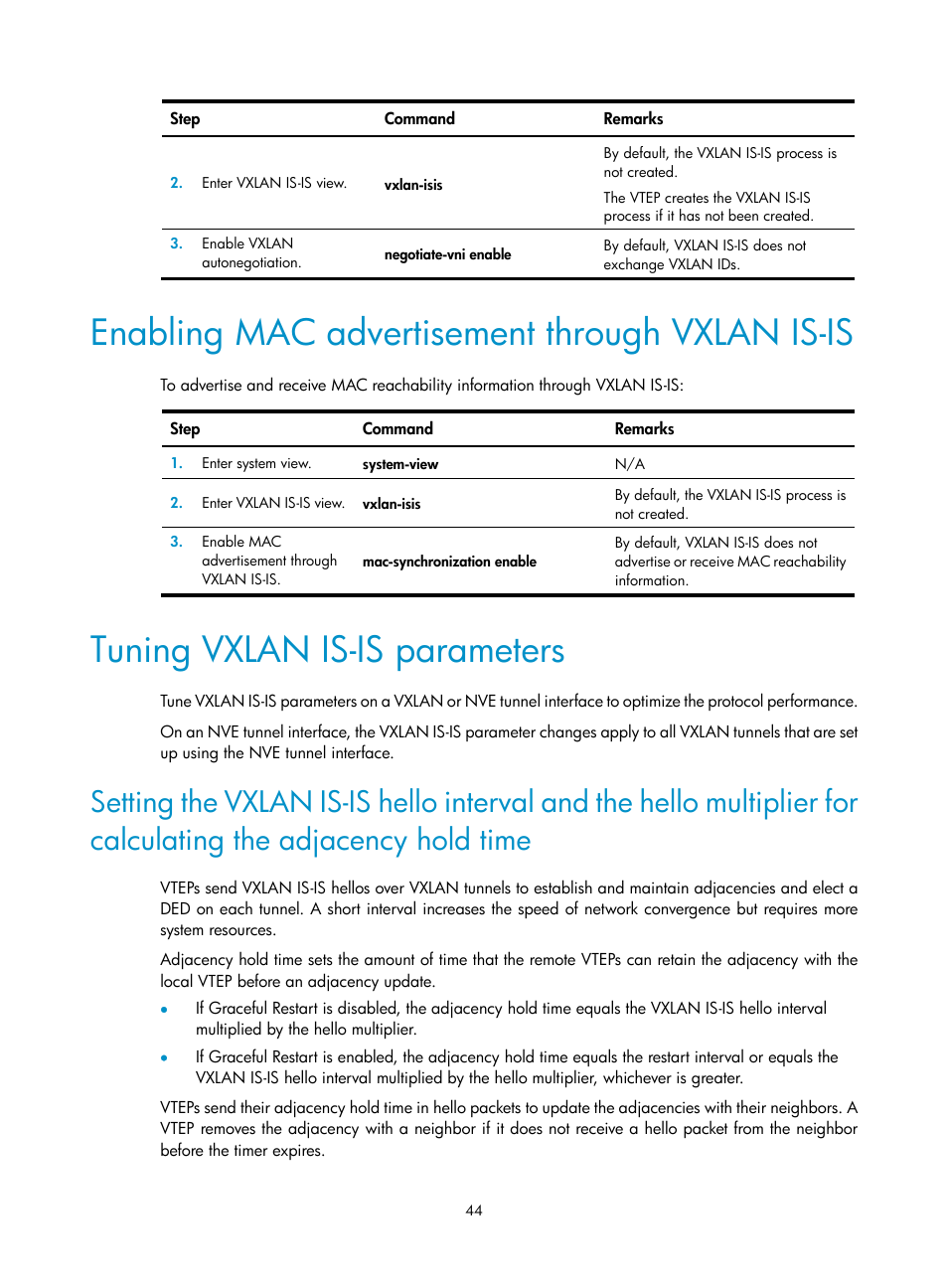 Enabling mac advertisement through vxlan is-is, Tuning vxlan is-is parameters, Required.) | H3C Technologies H3C S6800 Series Switches User Manual | Page 52 / 85