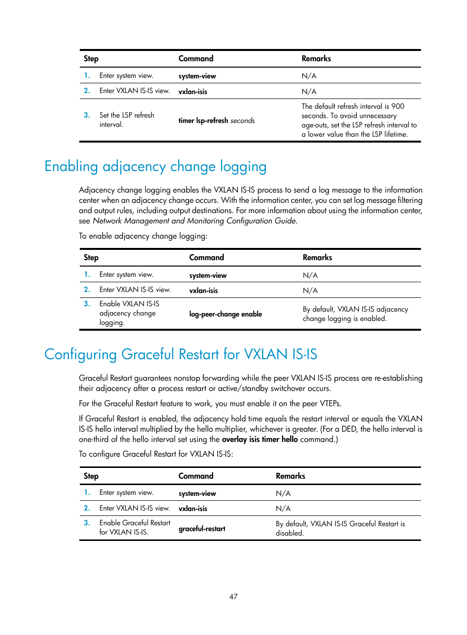 Enabling adjacency change logging, Configuring graceful restart for vxlan is-is | H3C Technologies H3C S6800 Series Switches User Manual | Page 55 / 85