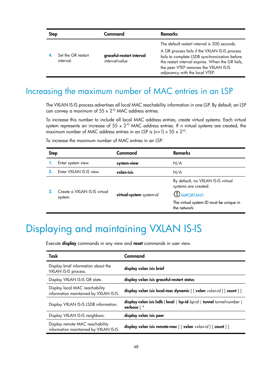 Displaying and maintaining vxlan is-is | H3C Technologies H3C S6800 Series Switches User Manual | Page 56 / 85