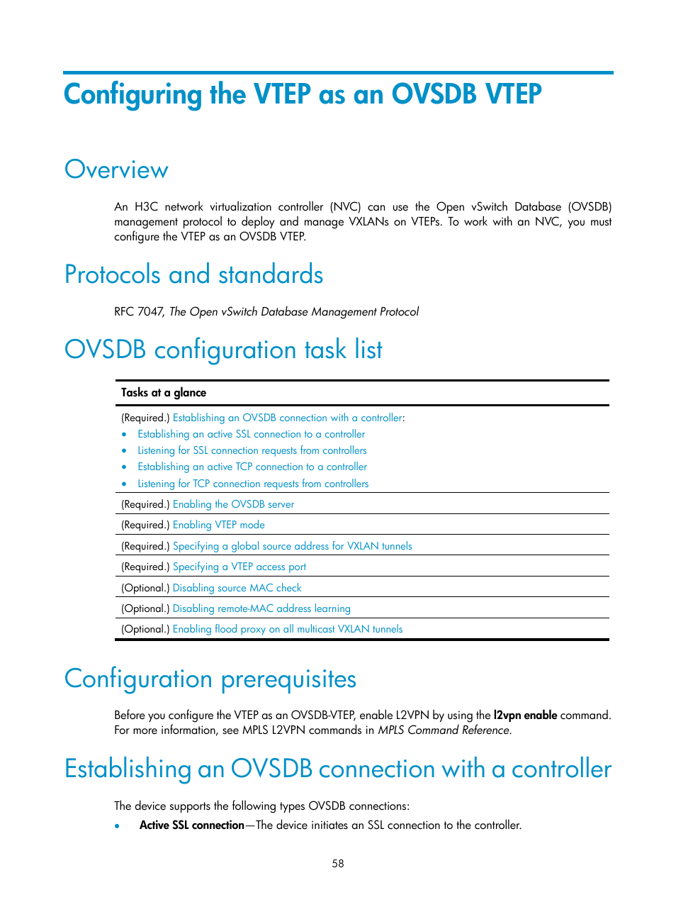 Configuring the vtep as an ovsdb vtep, Overview, Protocols and standards | Ovsdb configuration task list, Configuration prerequisites, Establishing an ovsdb connection with a controller | H3C Technologies H3C S6800 Series Switches User Manual | Page 66 / 85