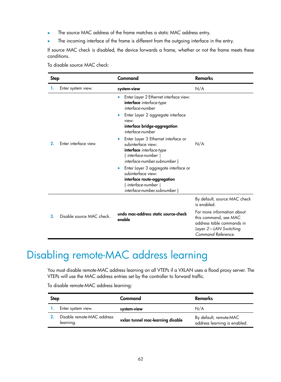 Disabling remote-mac address learning | H3C Technologies H3C S6800 Series Switches User Manual | Page 70 / 85