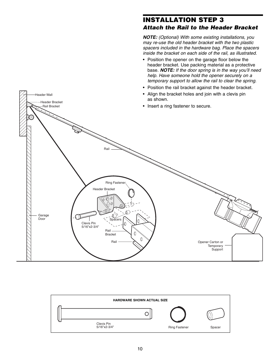 Attach the rail to the header bracket, Installation step 3 | Chamberlain ELITE 3840 User Manual | Page 10 / 40