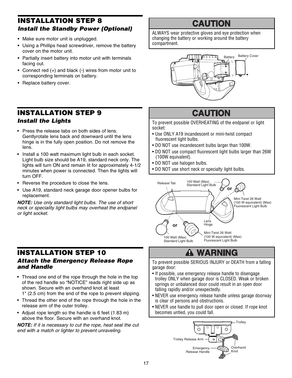 Install the standby power (optional), Install the lights, Attach the emergency release rope and handle | Installation step 9, Installation step 8, Installation step 10 | Chamberlain ELITE 3840 User Manual | Page 17 / 40