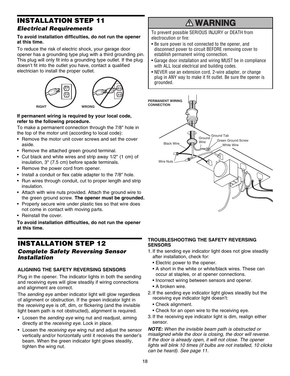 Electrical requirements, Complete safety reversing sensor installation, Installation step 11 | Installation step 12 | Chamberlain ELITE 3840 User Manual | Page 18 / 40