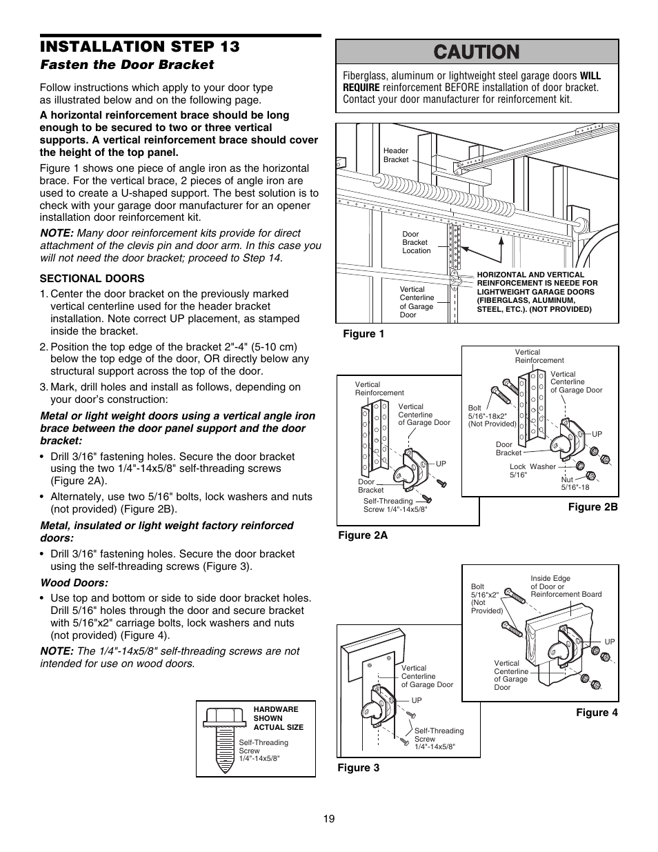 Fasten the door bracket, Installation step 13 | Chamberlain ELITE 3840 User Manual | Page 19 / 40