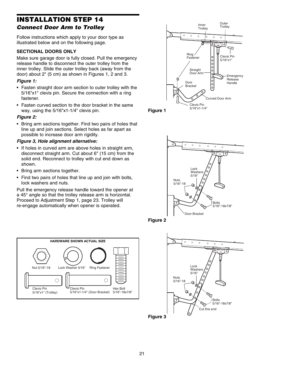 Connect door arm to trolley, Installation step 14 | Chamberlain ELITE 3840 User Manual | Page 21 / 40