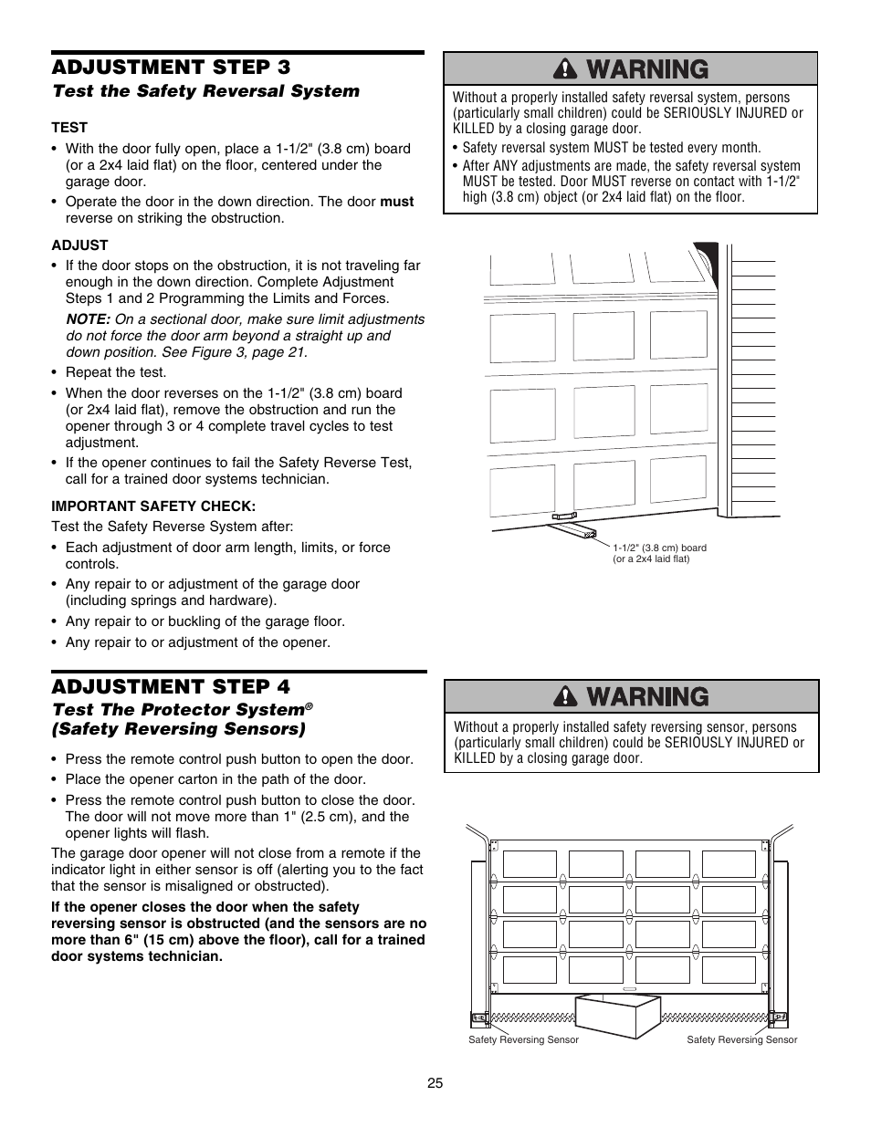 Test the safety reversal system, Adjustment step 3, Adjustment step 4 | Chamberlain ELITE 3840 User Manual | Page 25 / 40