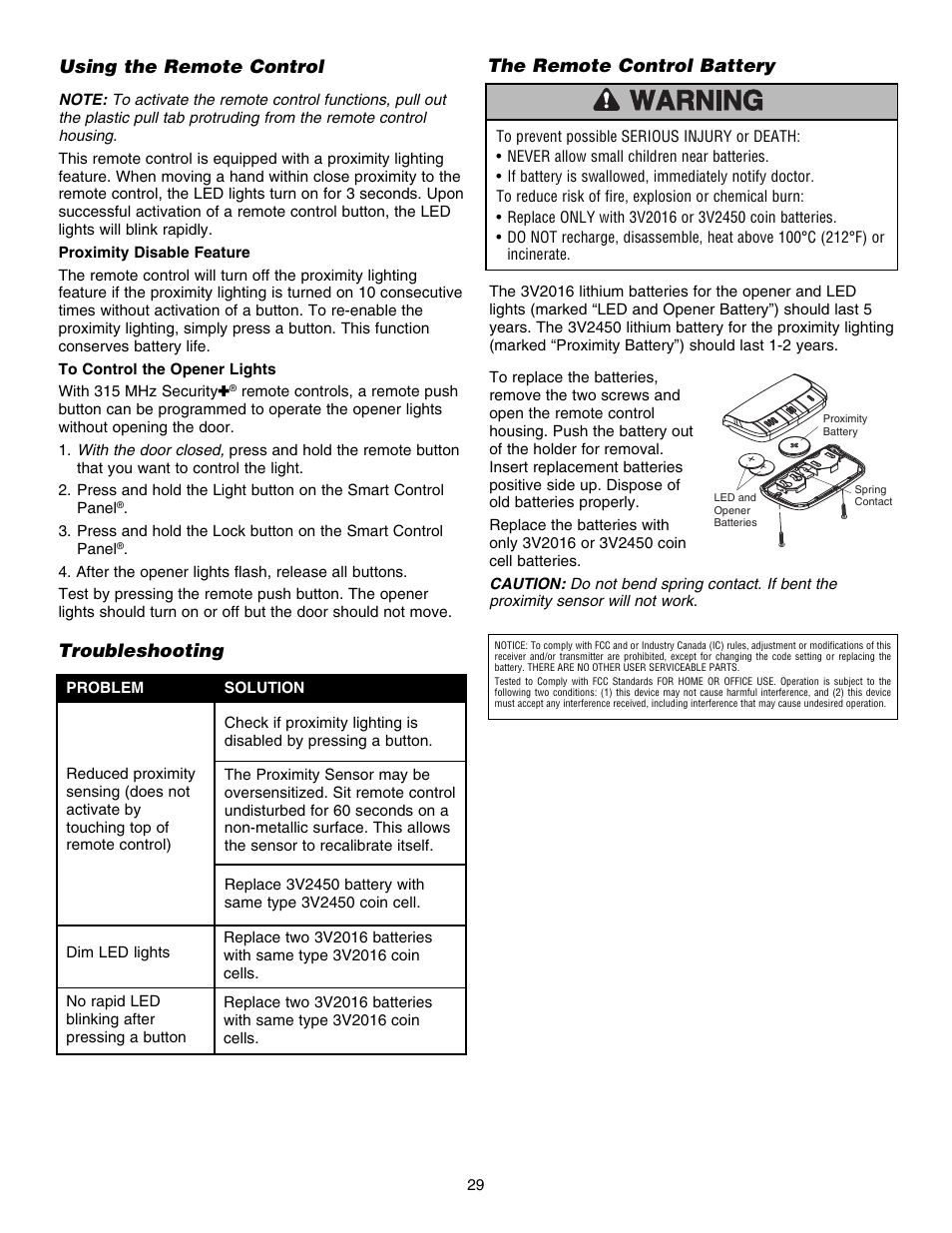 Using the remote control, The remote control battery, Troubleshooting | Chamberlain ELITE 3840 User Manual | Page 29 / 40