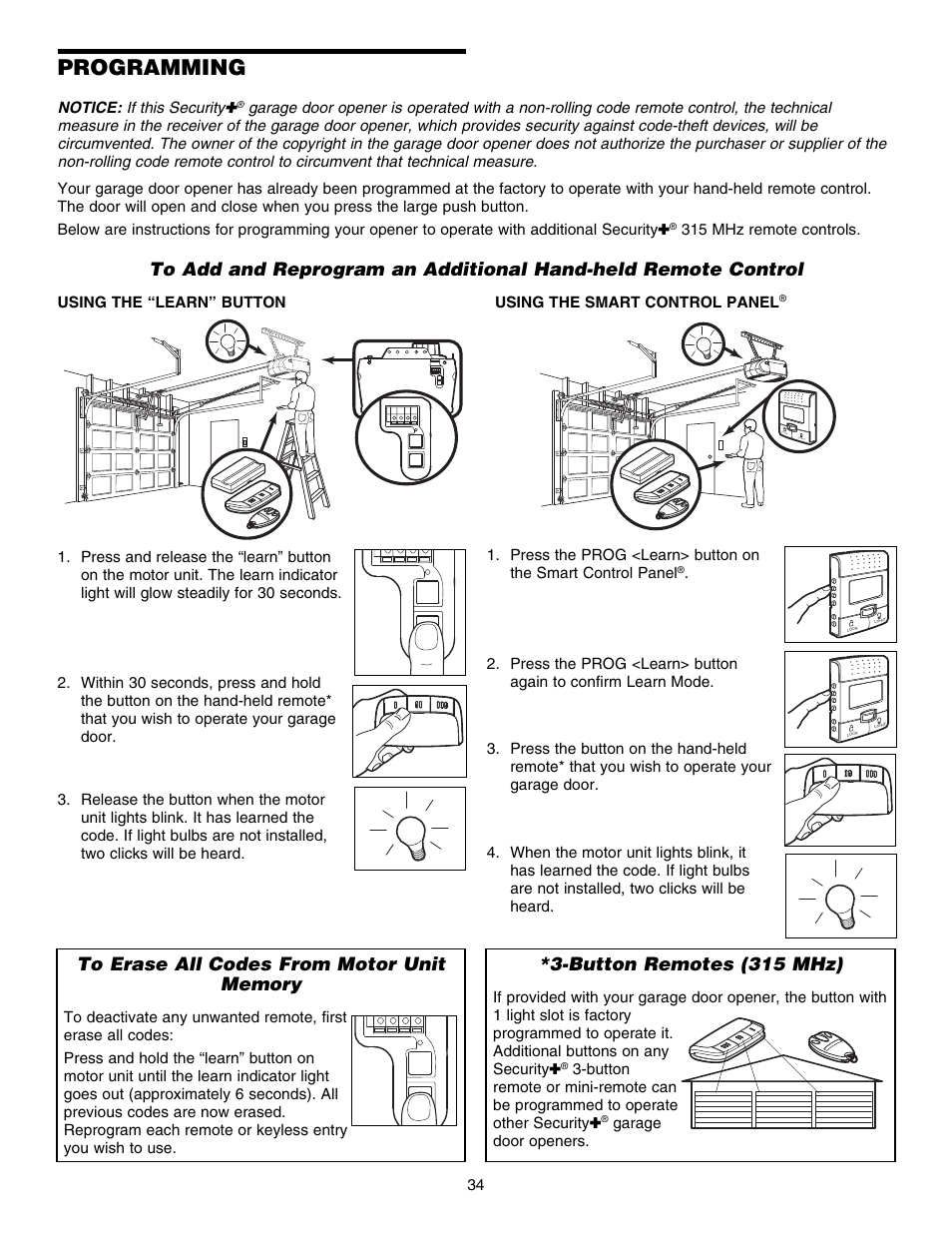 Programming, To erase all codes from motor unit memory, Button remotes (315 mhz) | Chamberlain ELITE 3840 User Manual | Page 34 / 40