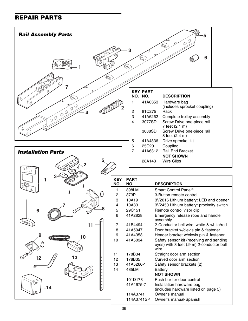 Repair parts, Rail assembly parts, Installation parts | Chamberlain ELITE 3840 User Manual | Page 36 / 40