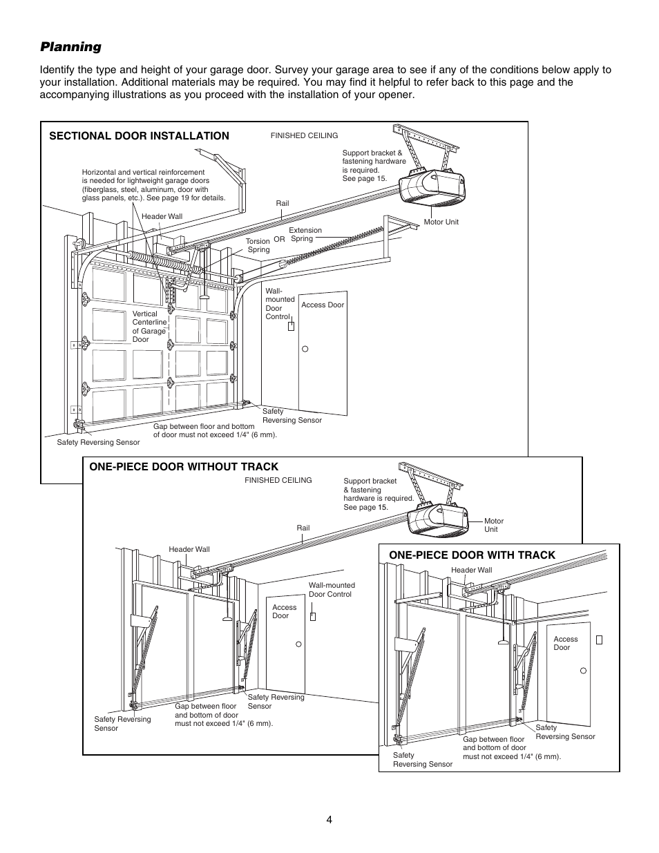 Planning, One-piece door without track, One-piece door with track | Chamberlain ELITE 3840 User Manual | Page 4 / 40