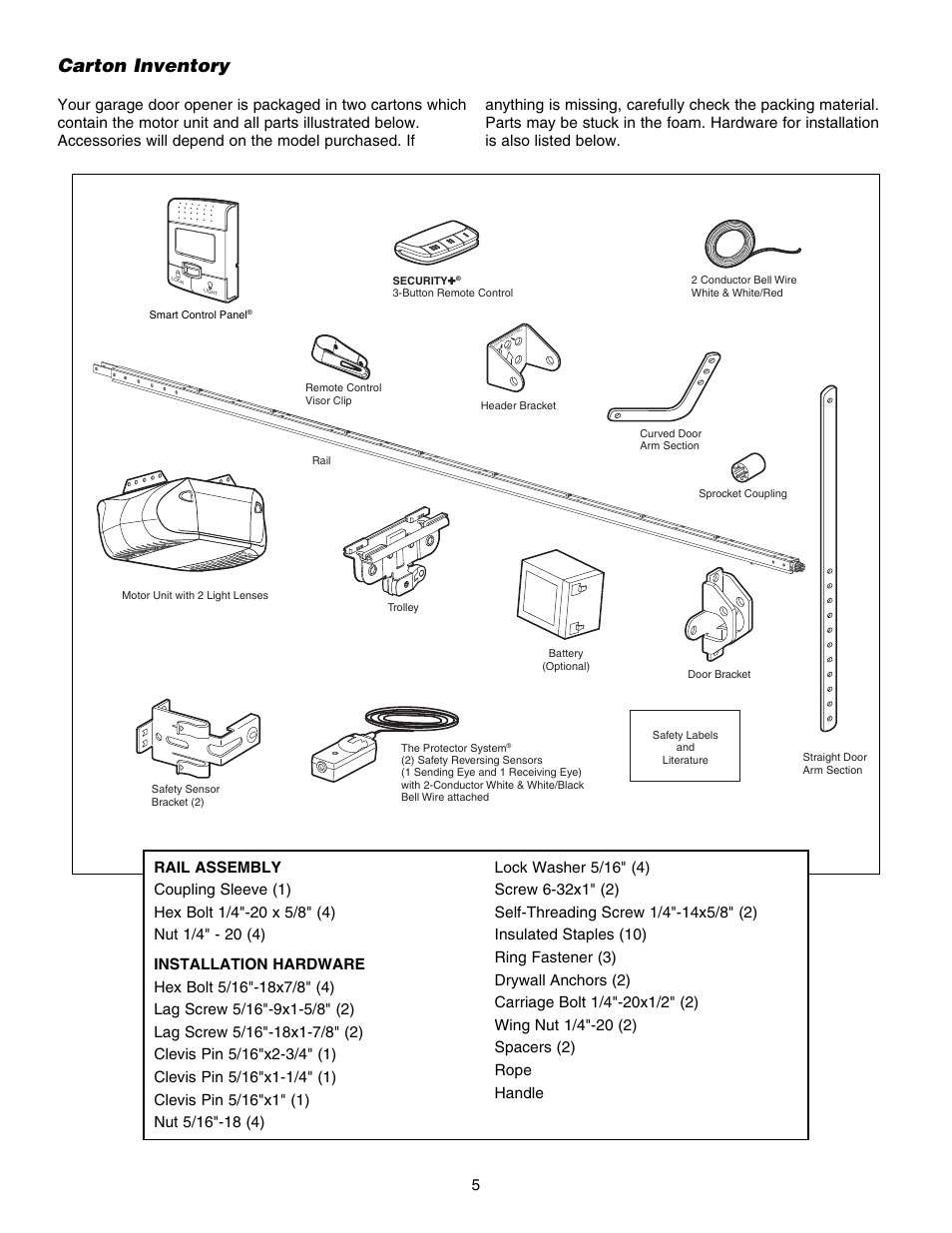 Carton inventory | Chamberlain ELITE 3840 User Manual | Page 5 / 40