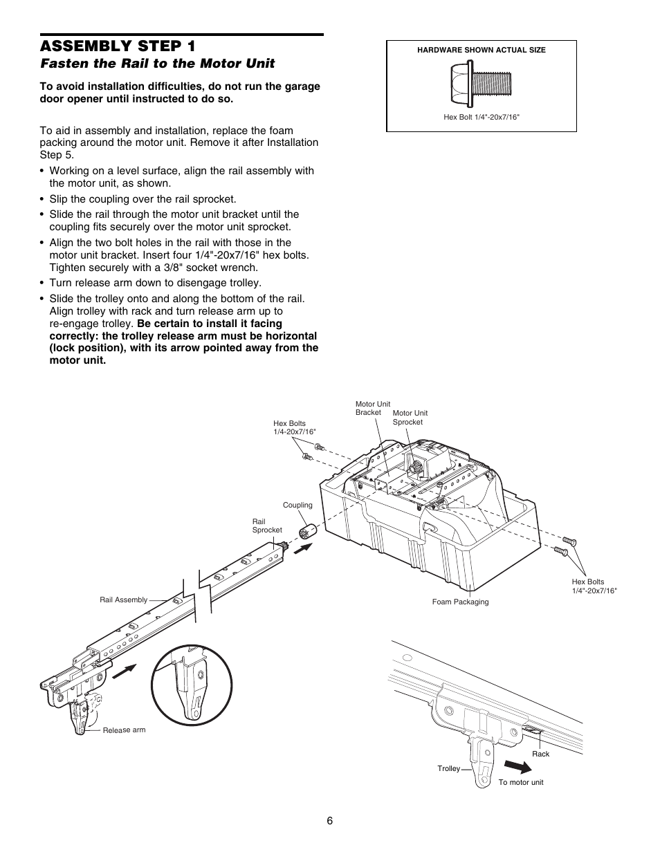 Assembly, Fasten the rail to the motor unit, Assembly step 1 | Chamberlain ELITE 3840 User Manual | Page 6 / 40