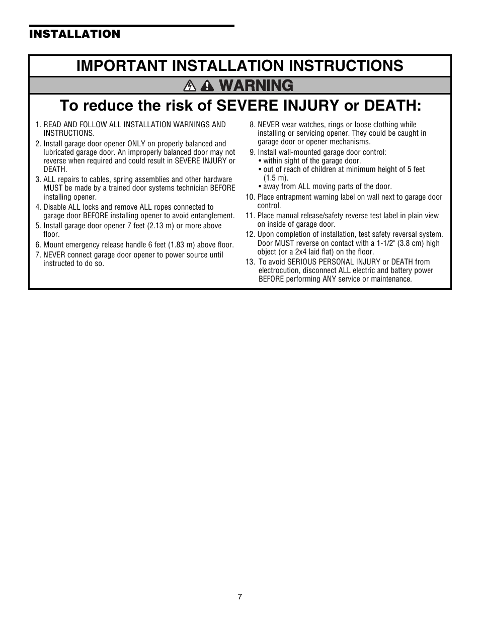 Installation, Important installation instructions, Warning | Chamberlain ELITE 3840 User Manual | Page 7 / 40