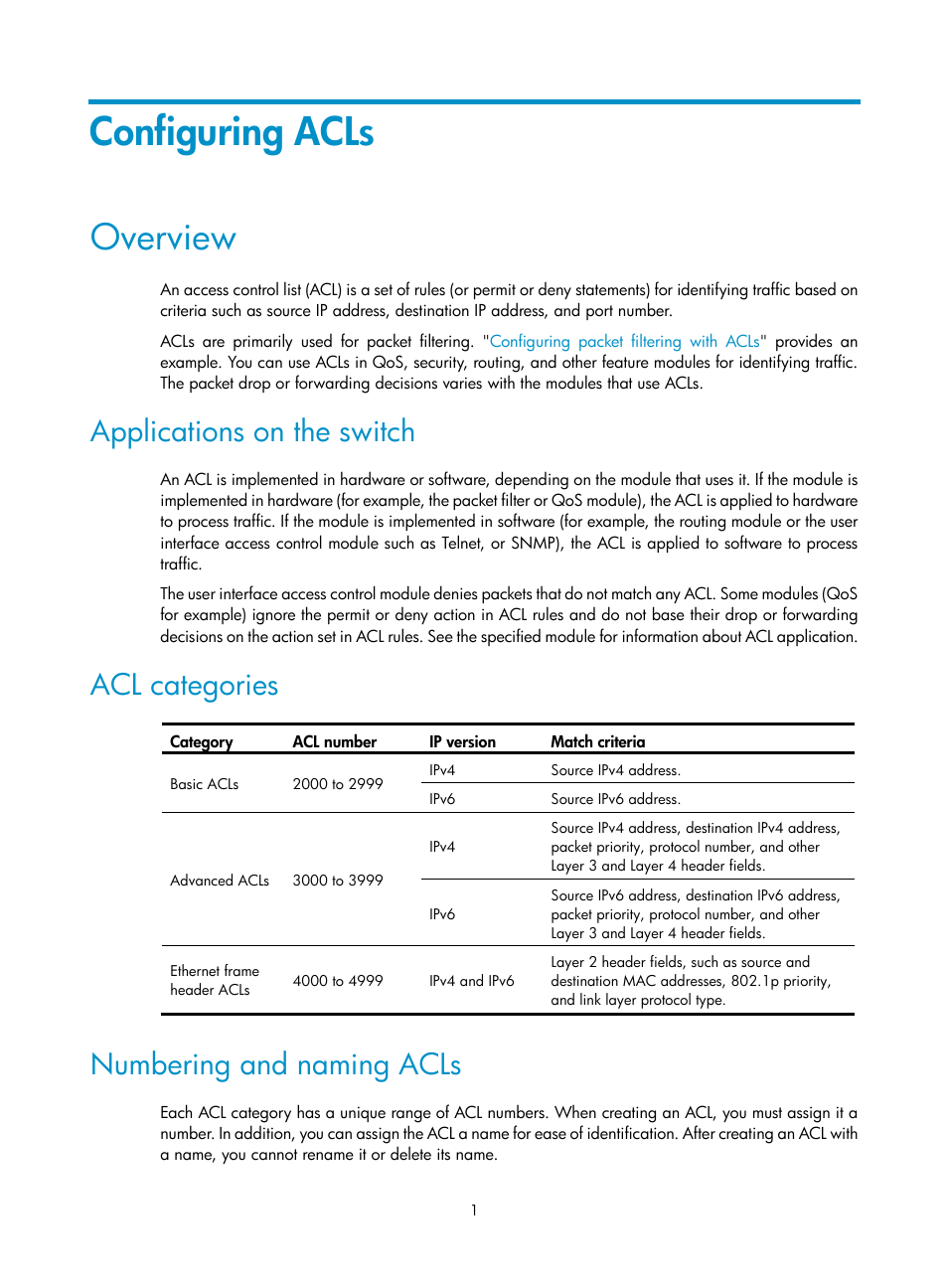 Configuring acls, Overview, Applications on the switch | Acl categories, Numbering and naming acls | H3C Technologies H3C S6300 Series Switches User Manual | Page 11 / 111