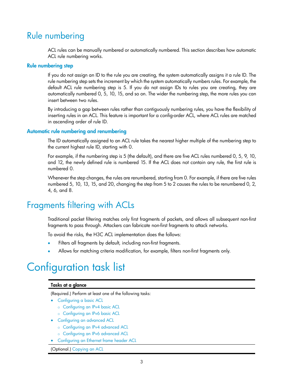 Rule numbering, Rule numbering step, Automatic rule numbering and renumbering | Fragments filtering with acls, Configuration task list | H3C Technologies H3C S6300 Series Switches User Manual | Page 13 / 111