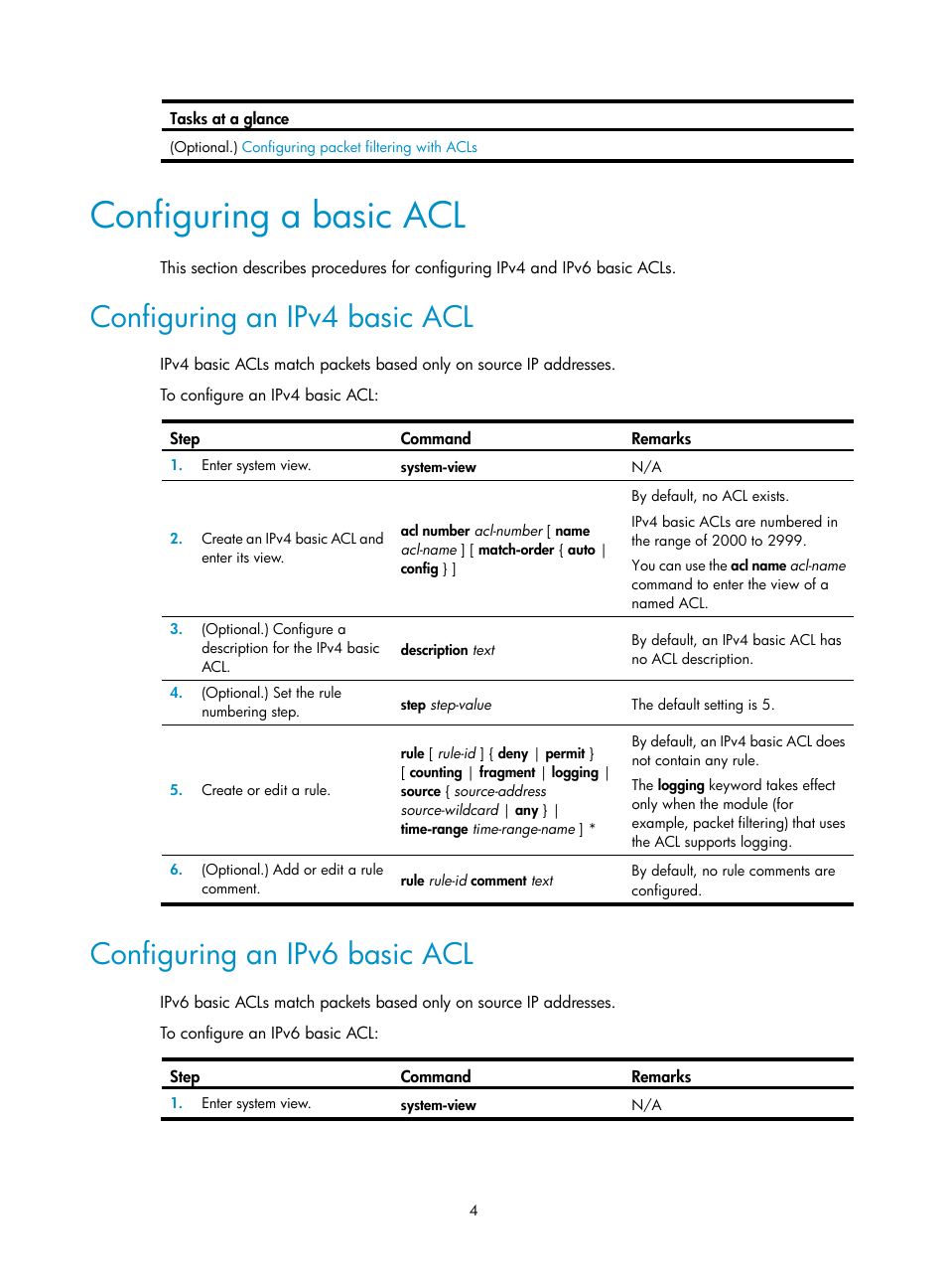 Configuring a basic acl, Configuring an ipv4 basic acl, Configuring an ipv6 basic acl | H3C Technologies H3C S6300 Series Switches User Manual | Page 14 / 111