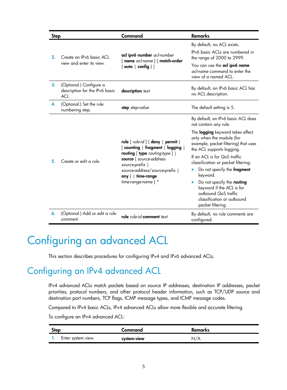 Configuring an advanced acl, Configuring an ipv4 advanced acl | H3C Technologies H3C S6300 Series Switches User Manual | Page 15 / 111