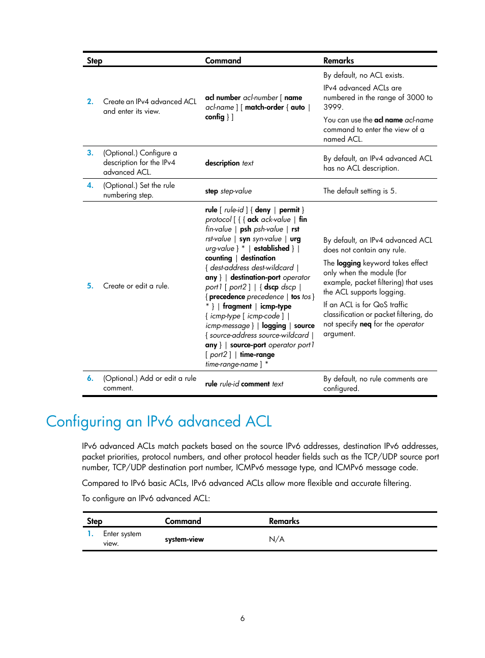 Configuring an ipv6 advanced acl | H3C Technologies H3C S6300 Series Switches User Manual | Page 16 / 111