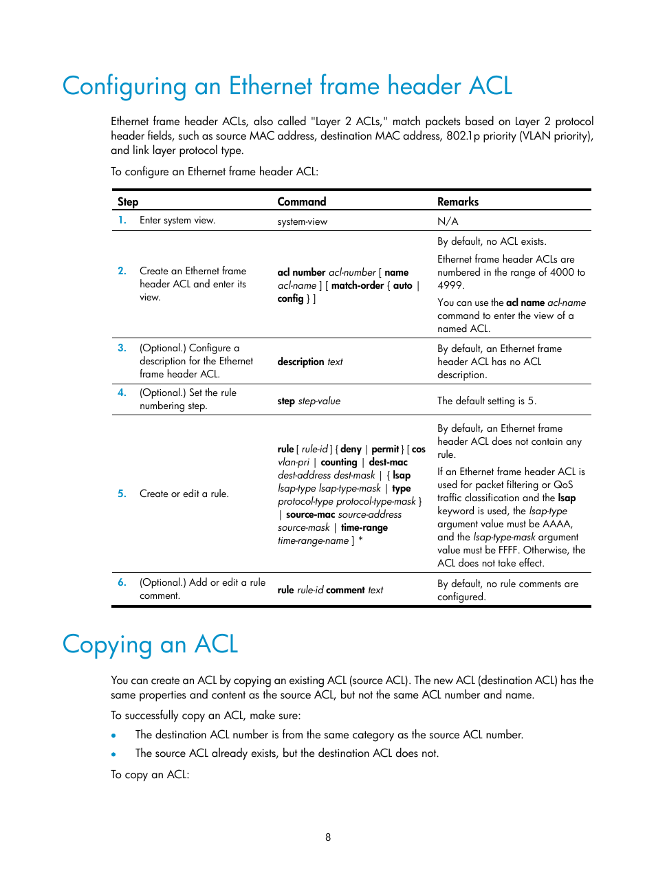 Configuring an ethernet frame header acl, Copying an acl | H3C Technologies H3C S6300 Series Switches User Manual | Page 18 / 111