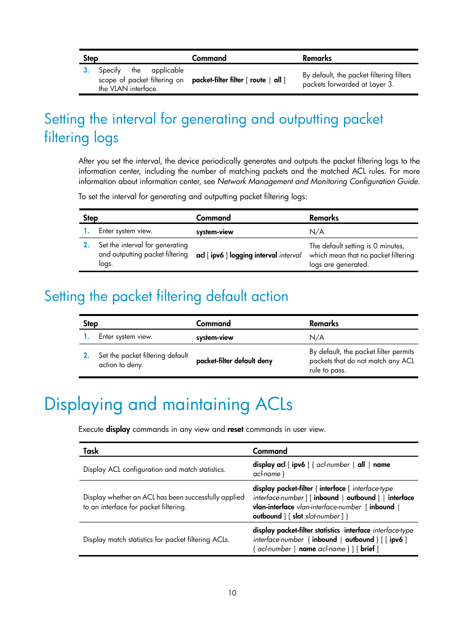 Setting the packet filtering default action, Displaying and maintaining acls | H3C Technologies H3C S6300 Series Switches User Manual | Page 20 / 111