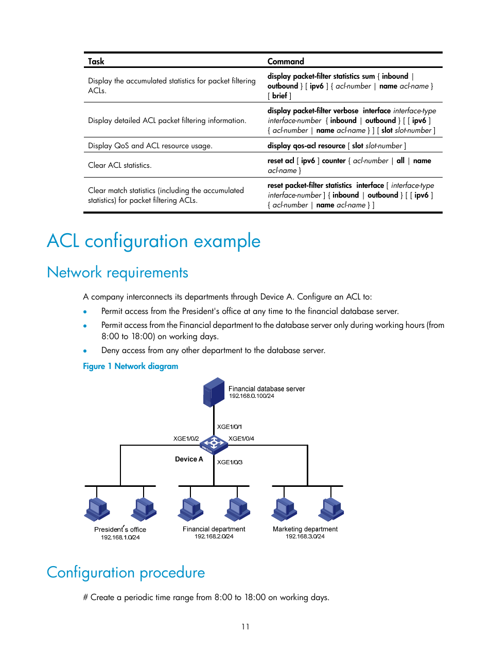 Acl configuration example, Network requirements, Configuration procedure | H3C Technologies H3C S6300 Series Switches User Manual | Page 21 / 111