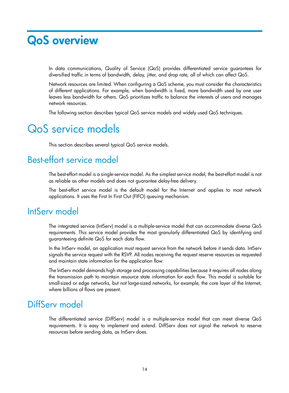 Qos overview, Qos service models, Best-effort service model | Intserv model, Diffserv model | H3C Technologies H3C S6300 Series Switches User Manual | Page 24 / 111