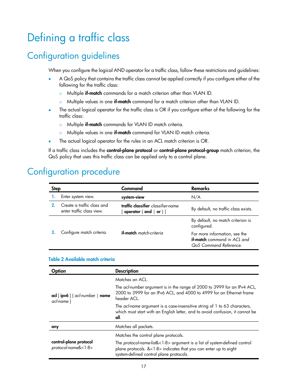 Defining a traffic class, Configuration guidelines, Configuration procedure | H3C Technologies H3C S6300 Series Switches User Manual | Page 27 / 111