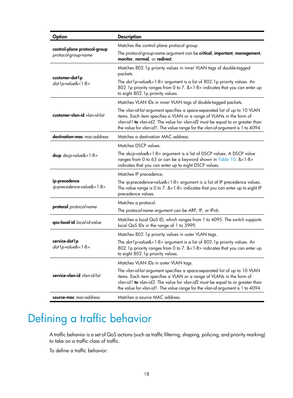 Defining a traffic behavior | H3C Technologies H3C S6300 Series Switches User Manual | Page 28 / 111