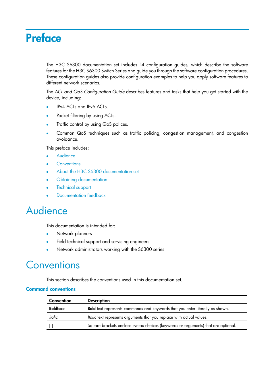 Preface, Audience, Conventions | Command conventions | H3C Technologies H3C S6300 Series Switches User Manual | Page 3 / 111