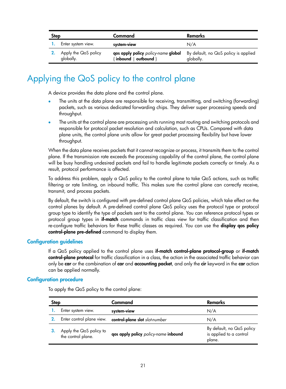 Applying the qos policy to the control plane, Configuration guidelines, Configuration procedure | H3C Technologies H3C S6300 Series Switches User Manual | Page 31 / 111